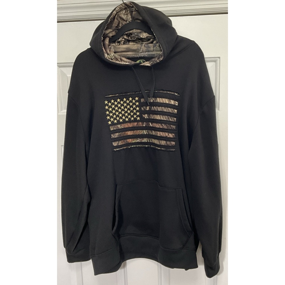 Mossy Oak Black Camouflage American Flag Long Sleeve Sweatshirt/Hoodie Men's XL